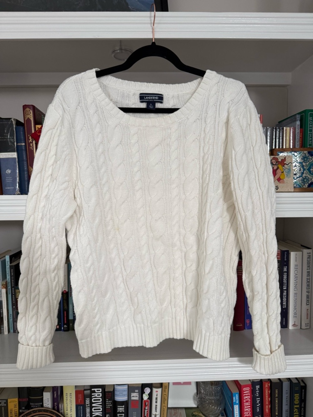 Lands' End Cream Cable Knit Crewneck Sweater